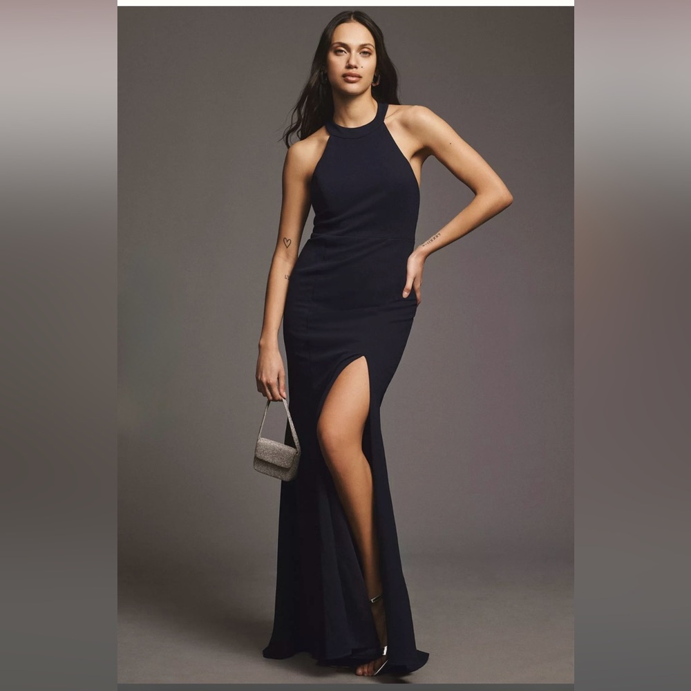 BHLDN Juliana High-Neck Side-Slit Stretch Crepe Maxi Dress size 4
